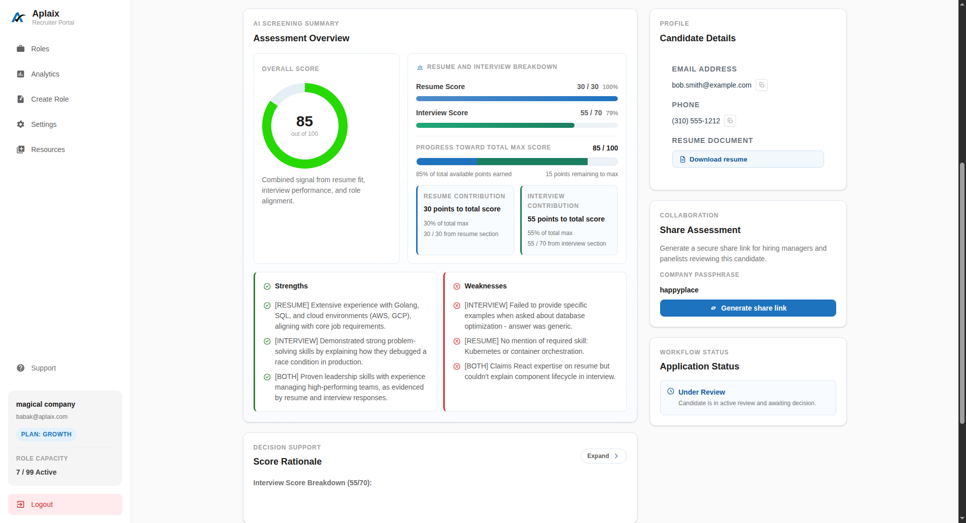 Aplaix AI Screening Summary, showing overall score, resume and interview score breakdown, resume and interview contribution to the total score, source-tagged strengths and weaknesses, and decision support