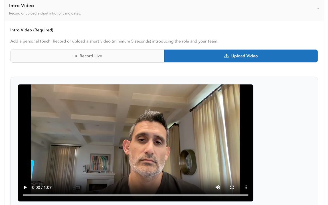 Recruiter intro-video recording screen, recorded before the role is published
