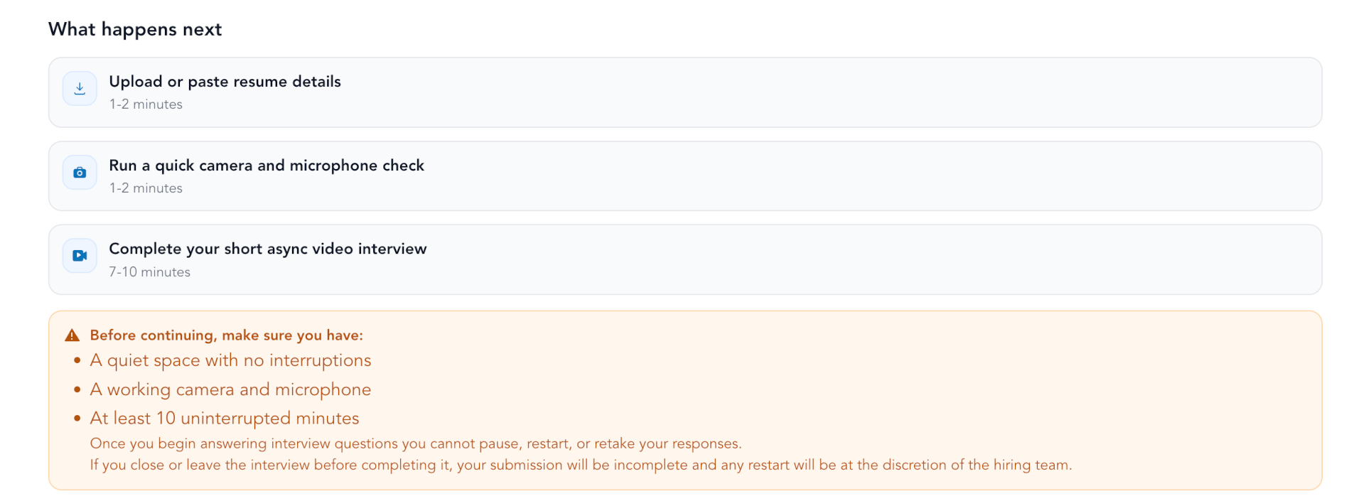 Single-take question screen, same for every candidate