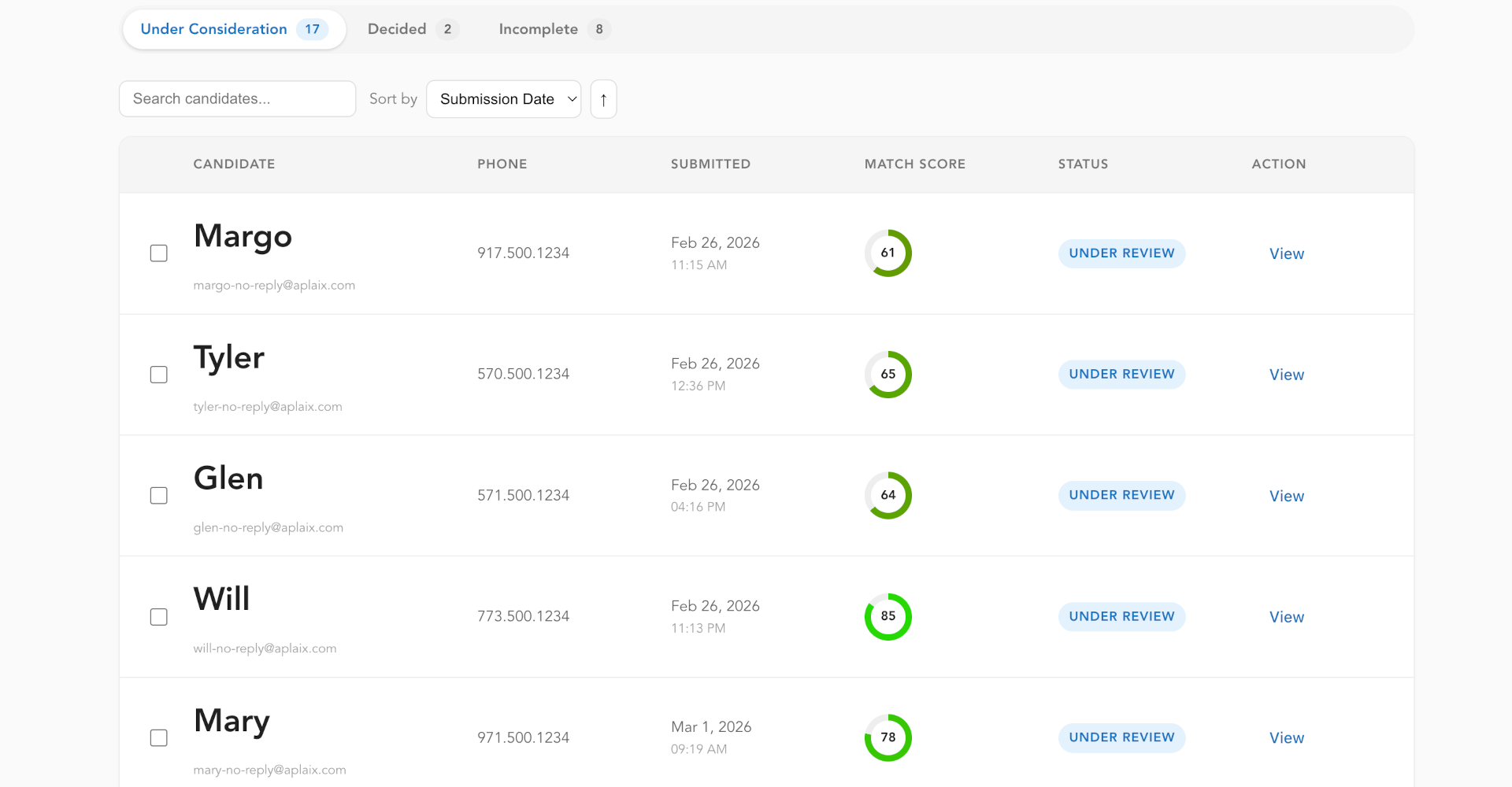 Submission queue view for a role, showing validated vs. filtered candidates